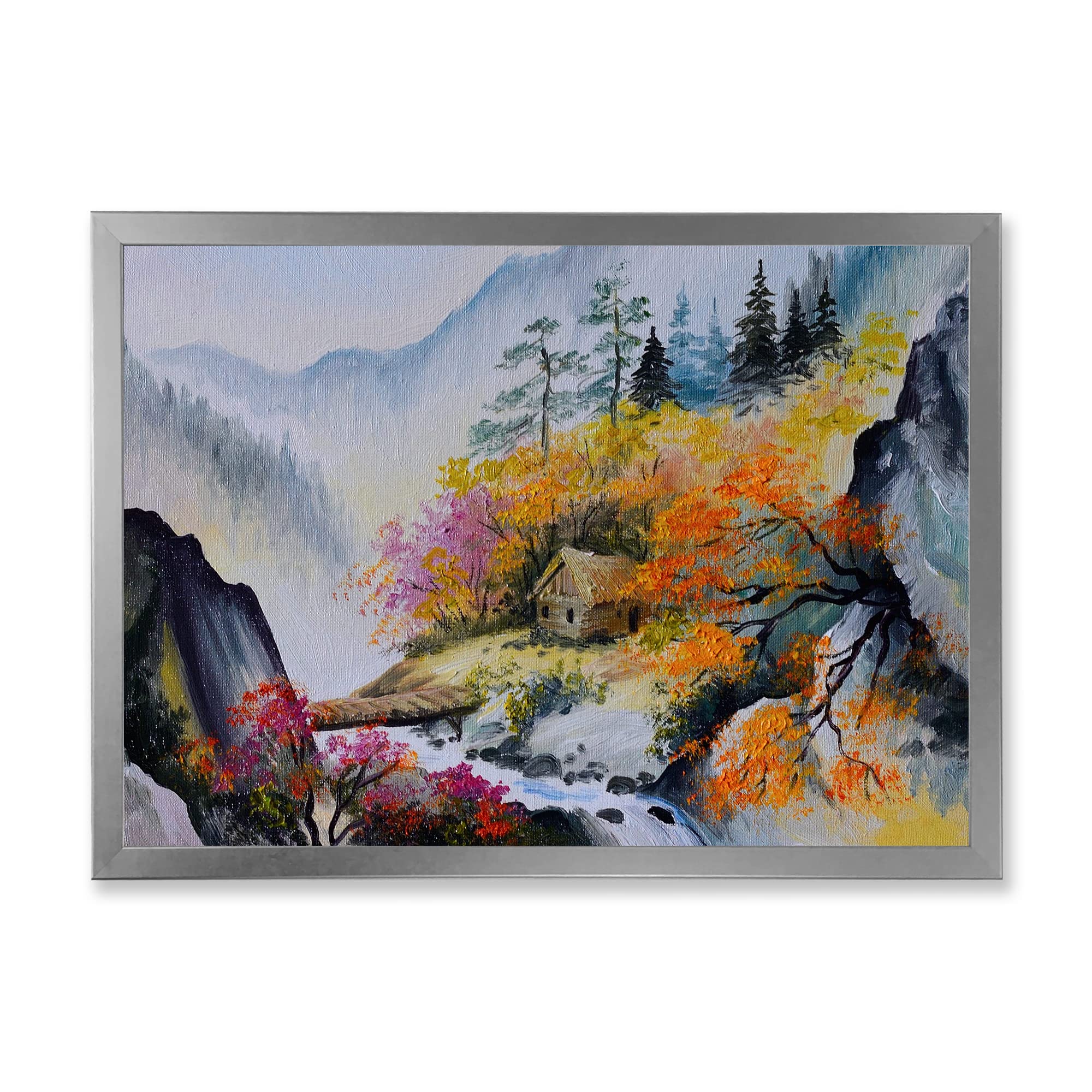 DesignQ Little House in Vibrant Mountain Landscape - Traditional Framed Wall Art for Living Room, Bedroom & Office Decor