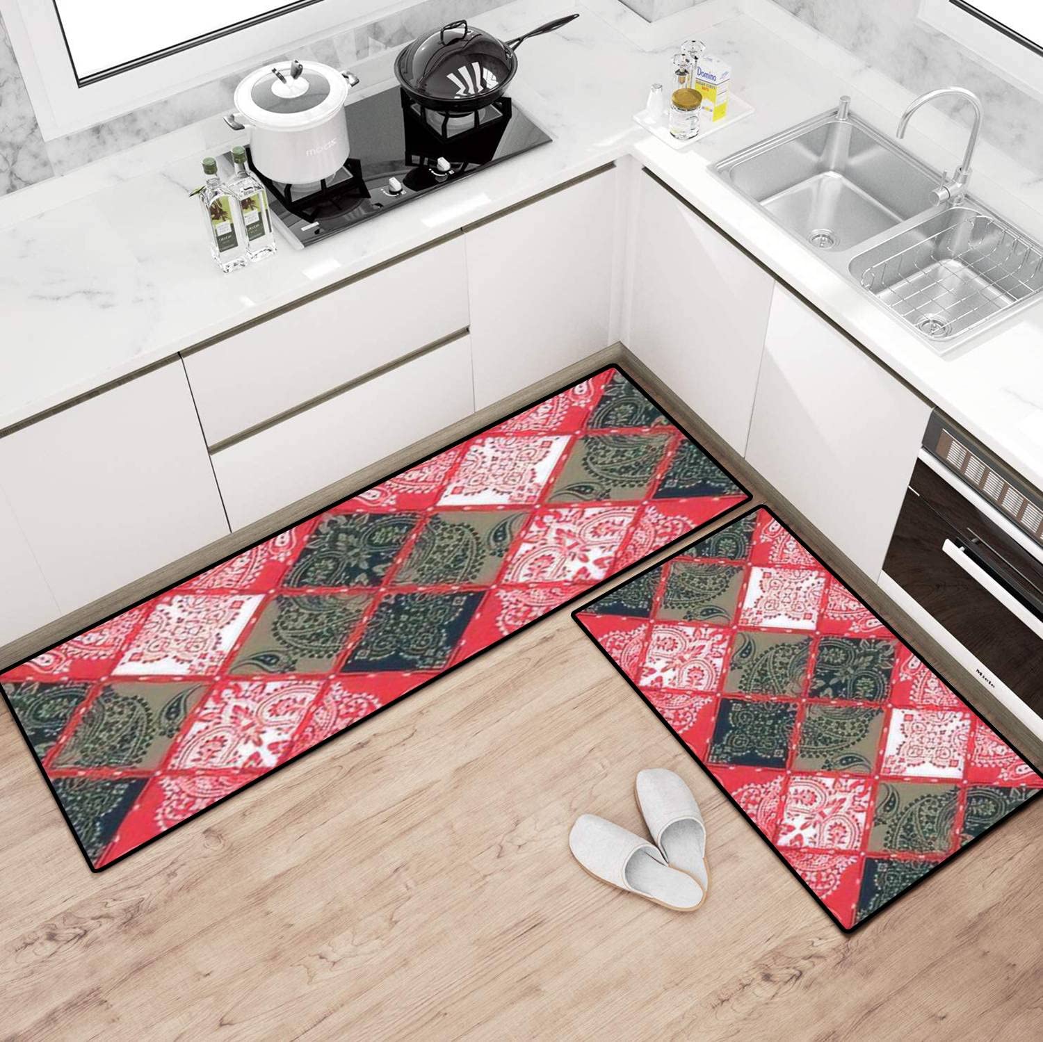 Non-Slip Washable Kitchen Rugs Set - Paisley Bandana Print Floor Mats for Kitchen, Bathroom & Entryway - Comfort Standing Mats with Seamless Base, Perfect for Home Decor and High Traffic Areas
