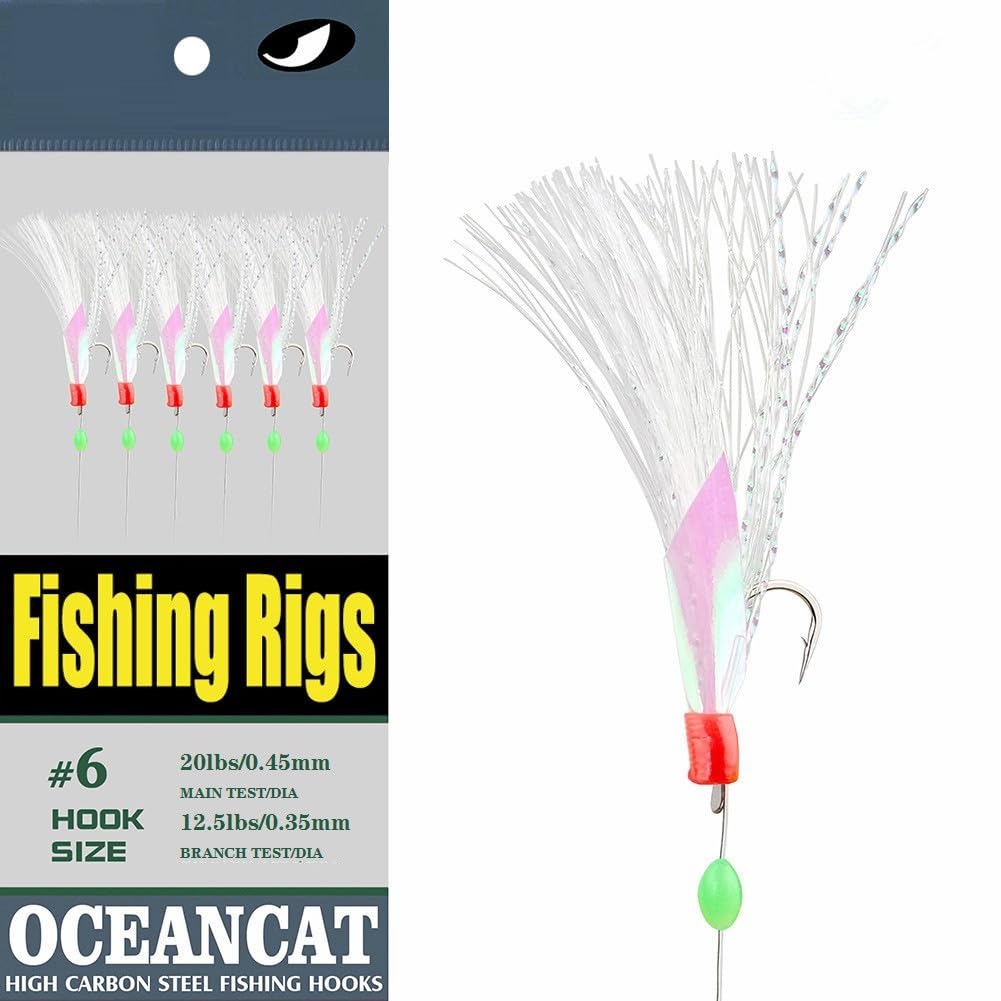 OCEAN CAT 6-Pack Fishing Rigs with Rainbow Soft Rubber & Colorful Feathers - Carbon Steel Hooks & Glow Beads for Freshwater & Saltwater Fishing | Ideal for Bass, Trout, and Saltwater Game Fish