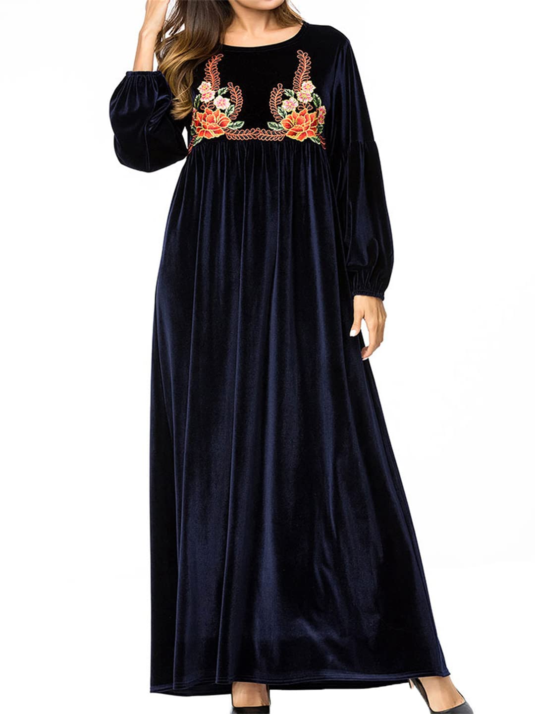 Plus Size Velvet Maxi Dress for Women - Long Sleeve Embroidery Muslim Robe with Crewneck | Elegant Casual Summer Dress for Parties, Weddings & Special Occasions
