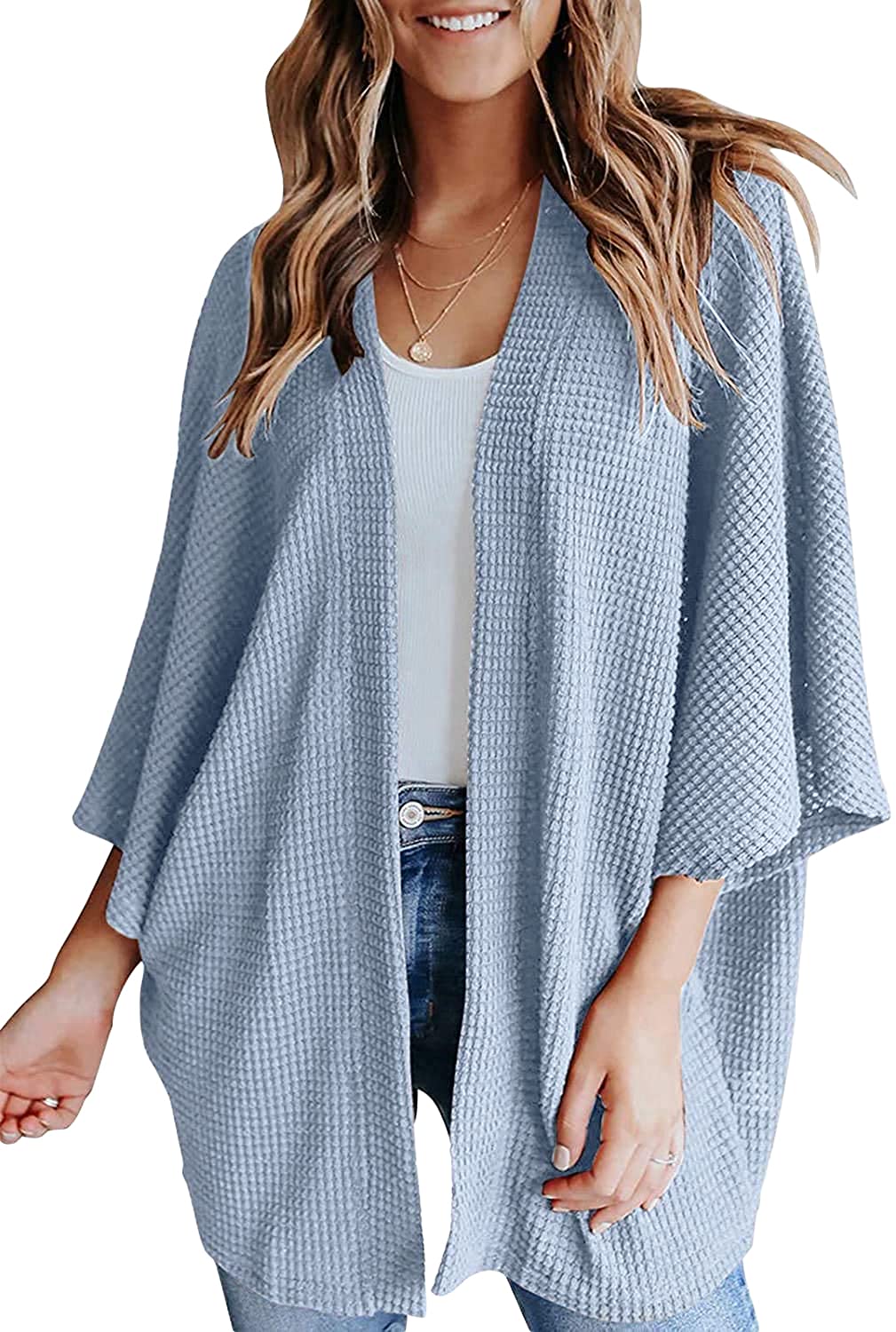 Ricristy Women's Lightweight Kimono Cardigan Sweater - Open Front Waffle Knit Batwing Sleeve Cover Up for Summer Beach, Vacation, and Casual Outfits