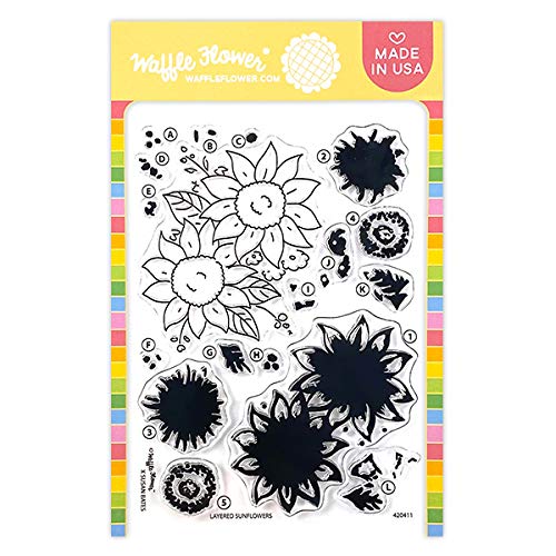 Waffle Flower Layered Sunflowers Stamp Set - Large Floral Design with Sunflower Blooms, Framing Leaves & Mini Blossoms | Perfect for Card Making, Scrapbooking & DIY Crafts