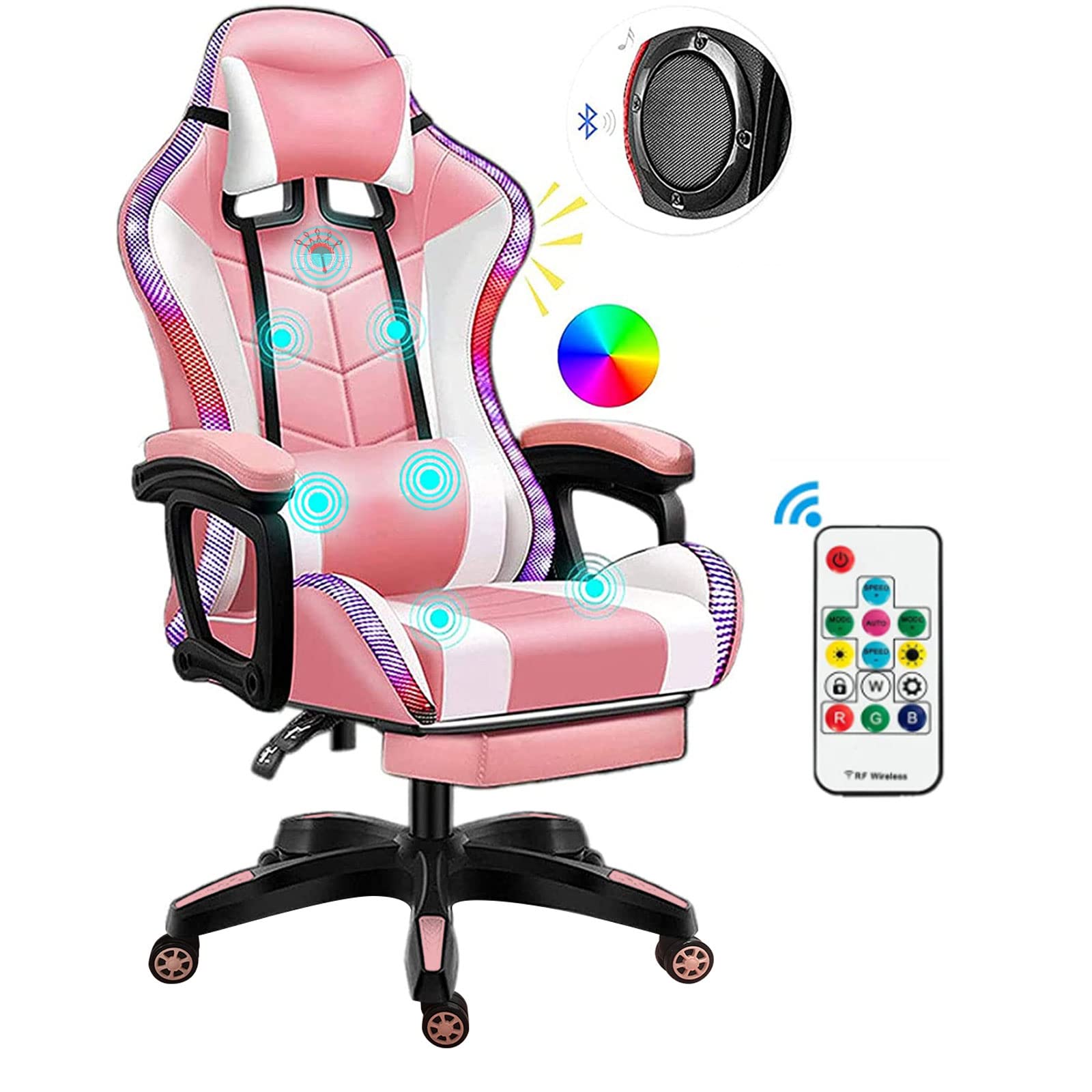 TBQATNTS Pink Gaming Chair with Built-in Speakers & LED Lights - Ergonomic Office Chair with Adjustable Headrest, Lumbar Support & Armrests for Teens & Adults - Perfect for Home Gaming Setup & Workspace