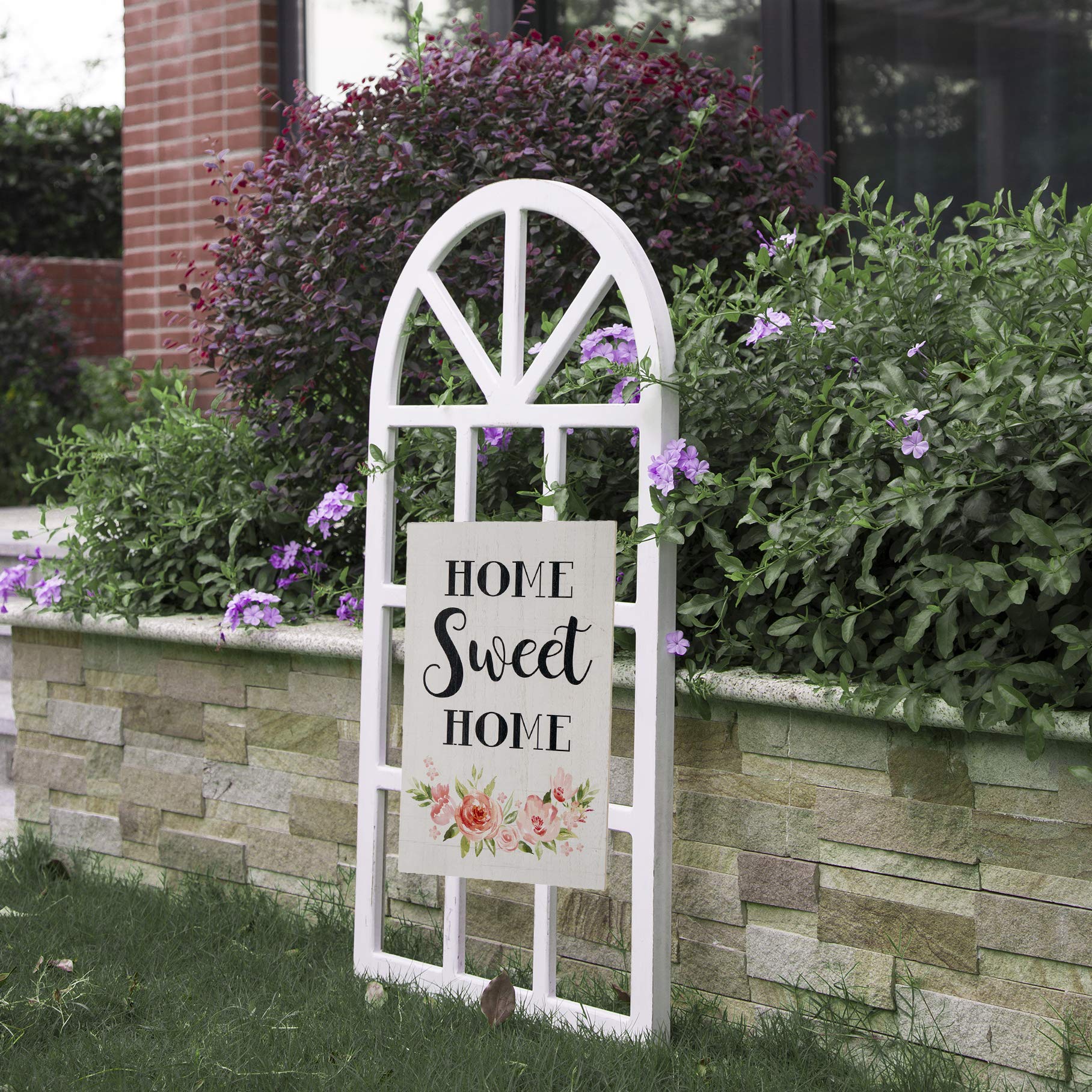Glitzhome Hand-Painted 'Home Sweet Home' Wooden Wall Sign with Arch Window Frame - Rustic Farmhouse Decor for Living Room, Bedroom & Entryway