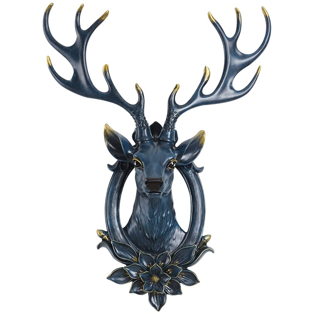 Handmade Resin Deer Head Wall Decor - Farmhouse Style Blue Antler Sculpture, 53×41cm - Perfect for Rustic Living Room, Cabin, or Lodge Decor