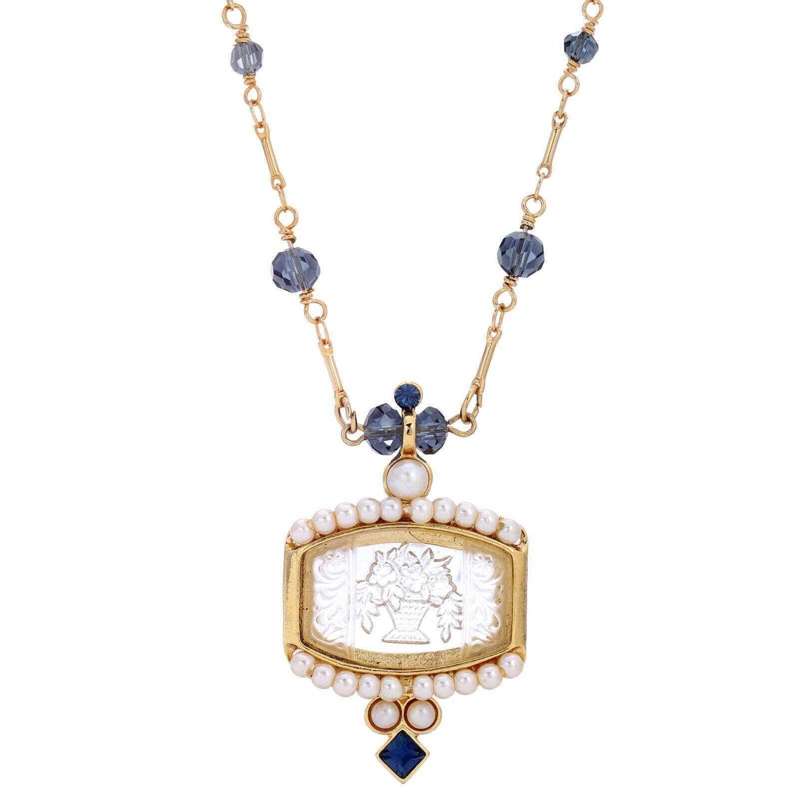 Vintage 1928 Jewelry Montana Blue Glass Bead Necklace with Etched Flower Bouquet Intaglio Pendant - 16
