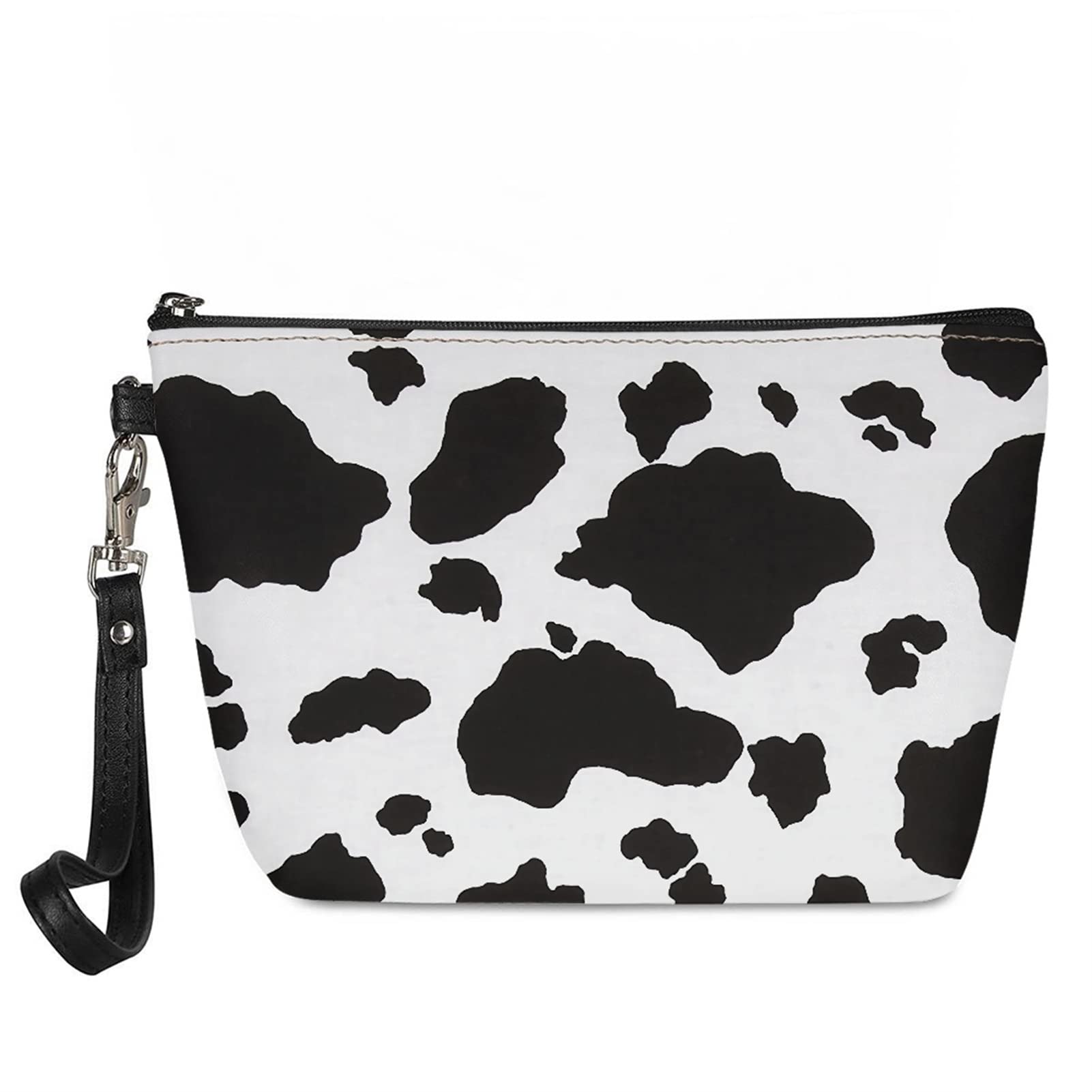 Wideasale Leather PU Makeup Bag - Cute Black & White Cow Print Waterproof Cosmetic Pouch for Travel, Toiletry & Accessories Organizer | Perfect for Daily Use, Vacation & Gift Giving