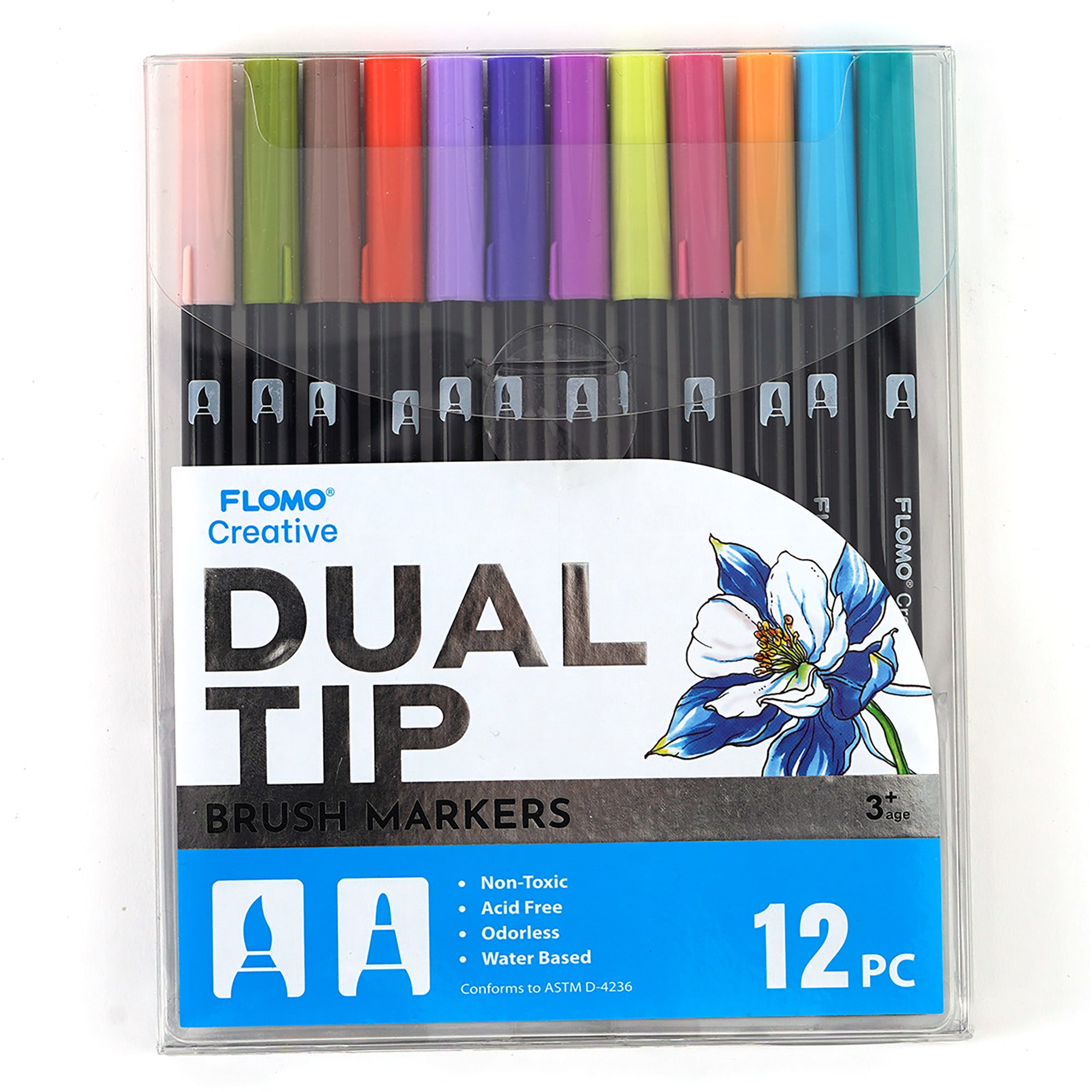 12-Pack Dual Tip Brush & Fine Tip Extra Long Black Barrel Markers for Art, Calligraphy, and DIY Projects - Perfect for Drawing, Lettering, and Crafting