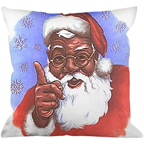 African American Black Santa Christmas Throw Pillow Cover - 16x16 Inch Cozy Cotton Pillowcase for Sofa, Bed & Couch - Festive Holiday Decor with Snowflake Design | Perfect for Xmas Home Decor, Living Room Accents & Seasonal Gift Giving