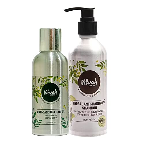 Vilvah Store Anti-Dandruff Hair Oil 100ml & Herbal Shampoo 200ml Combo Pack for Dry Scalp Treatment - Natural Hair Care Set for Dandruff Control & Healthy Scalp | Perfect for Daily Hair Care Routine & Scalp Nourishment