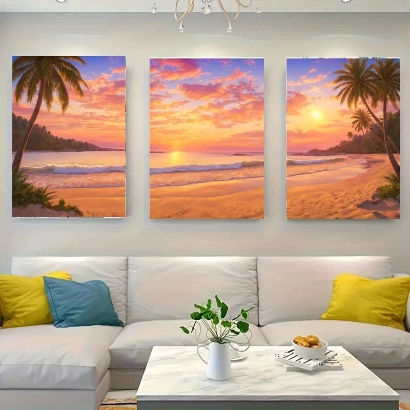 3-Piece Vibrant Sunset Over Tropical Beach Metal Wall Art - Ready to Hang Decor for Living Room, Bedroom & Office