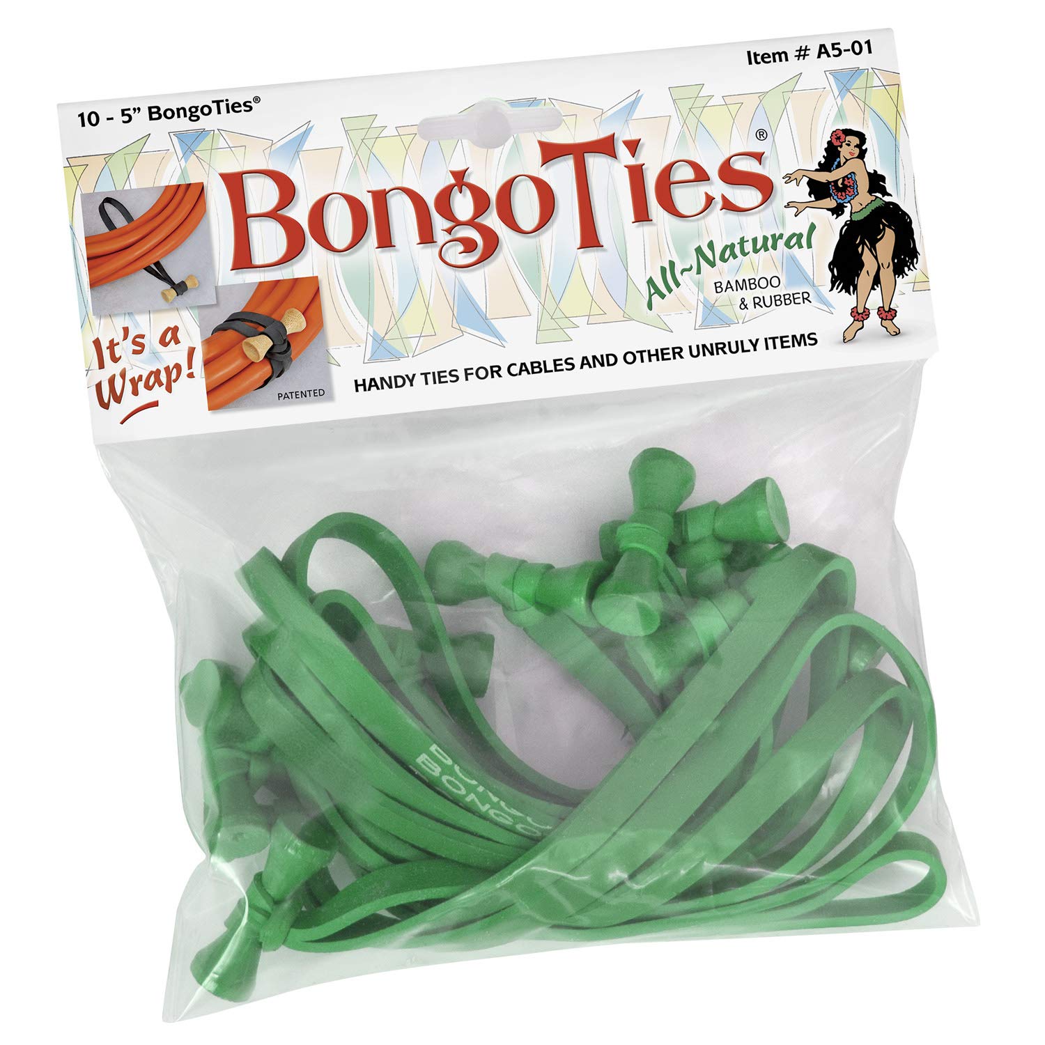BongoTies® ALL GREEN Bongo Ties A5-01-G - 10 Pack | Natural Rubber & Bamboo Professional Cable Ties | Organize Cables, Wires & Home Office Items | Perfect for Cable Management, DIY Projects & Gardening