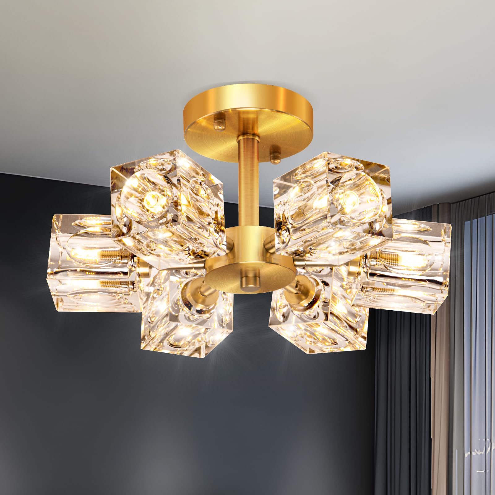 Modern 6-Light Gold Crystal Semi Flush Mount Chandelier - Brushed Nickel Sputnik Ceiling Light Fixture for Hallway, Entryway, Bedroom, Dining Room, Farmhouse Kitchen & Office - Perfect for Ambient Lighting and Home Decor