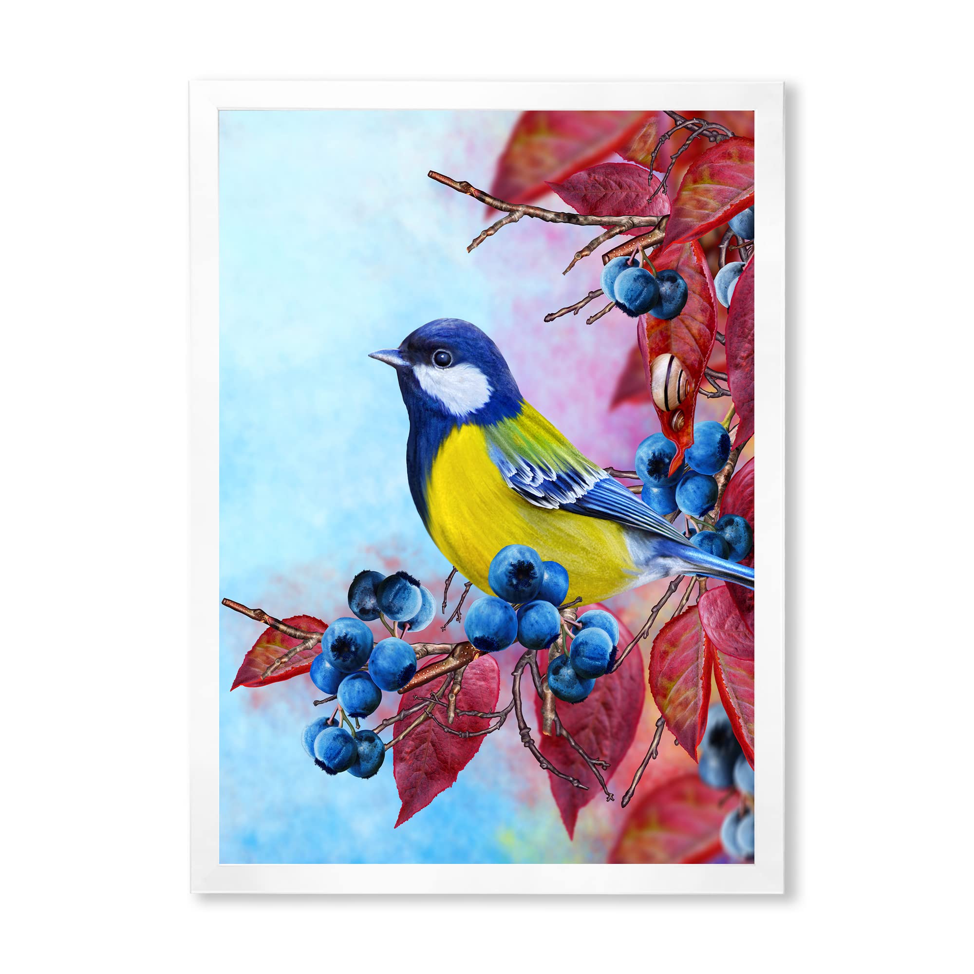 DesignQ Bright Bird Bullfinch Sitting On A Branch II Traditional Framed Wall Art - Handmade Home Decor for Living Room, Bedroom & Office