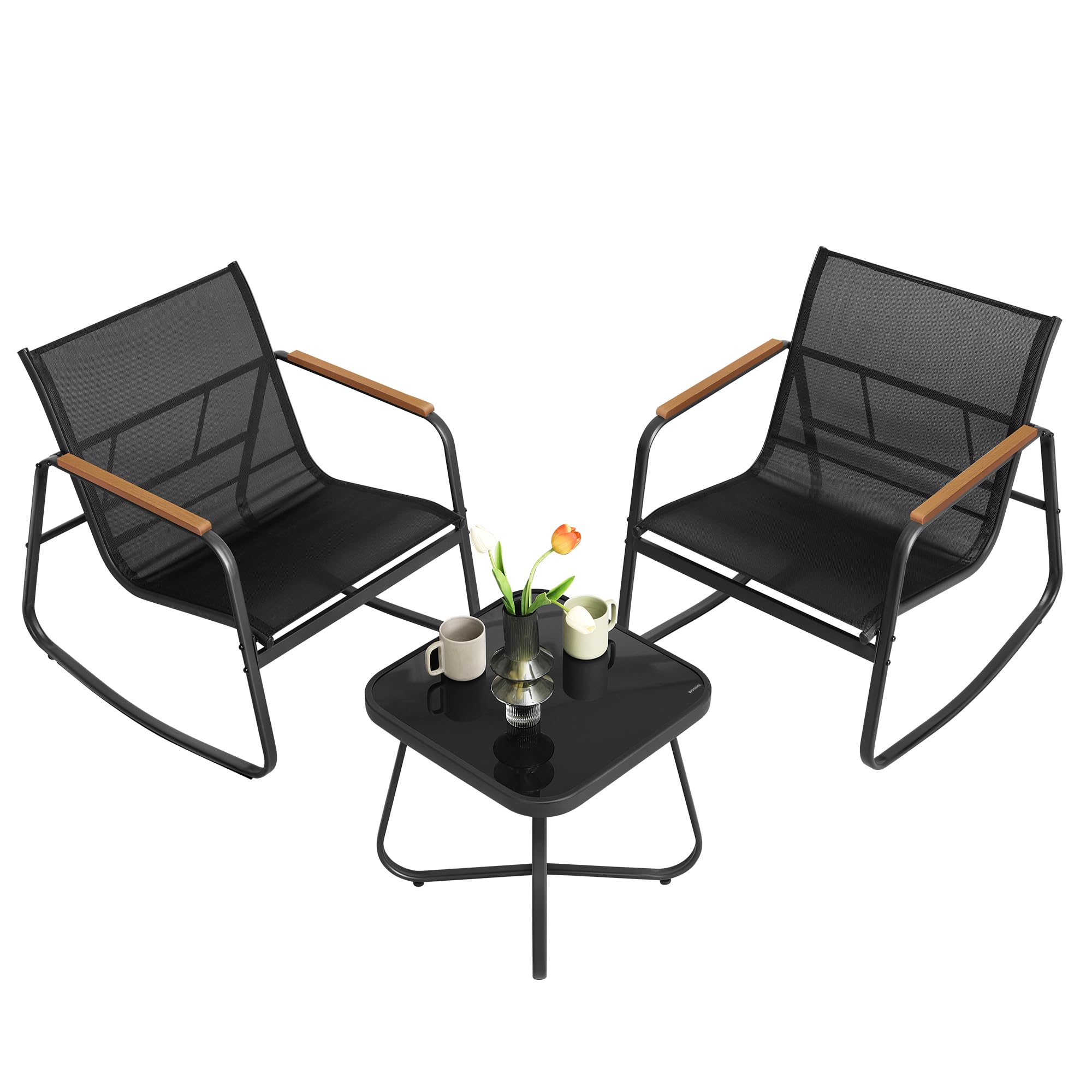 SONGMICS 3-Piece Outdoor Patio Furniture Set with 2 Rocking Chairs & Table - Steel Frame, Breathable Synthetic Fabric, Ink Black - Perfect for Garden, Backyard, Lawn or Poolside Relaxation UGGF0027B01