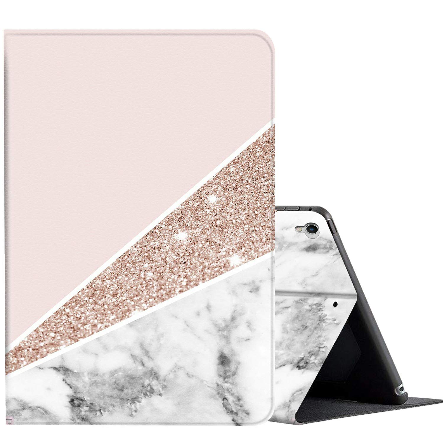Premium AMOOK Adjustable Folio Smart Cover Stand Case for iPad 9.7 (2018/2017) & iPad 6th/5th Gen & iPad Air 1/2 - Shockproof Protection in White Marble, Gold & Rose - Perfect for Work, School & Travel