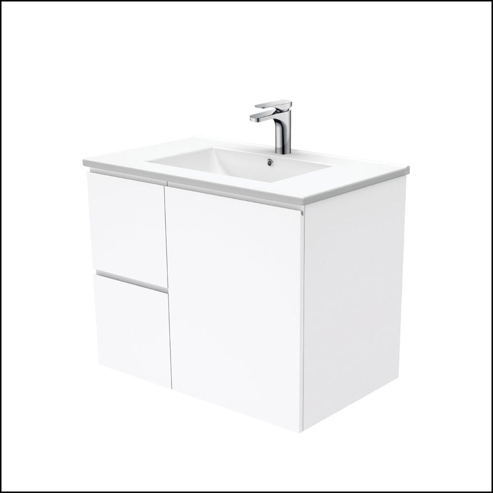 Fienza Dolce TCL75FL 750mm White Wall-Mounted Bathroom Vanity with Left-Hand Fingerpull Drawers - Modern Space-Saving Solution for Small Bathrooms