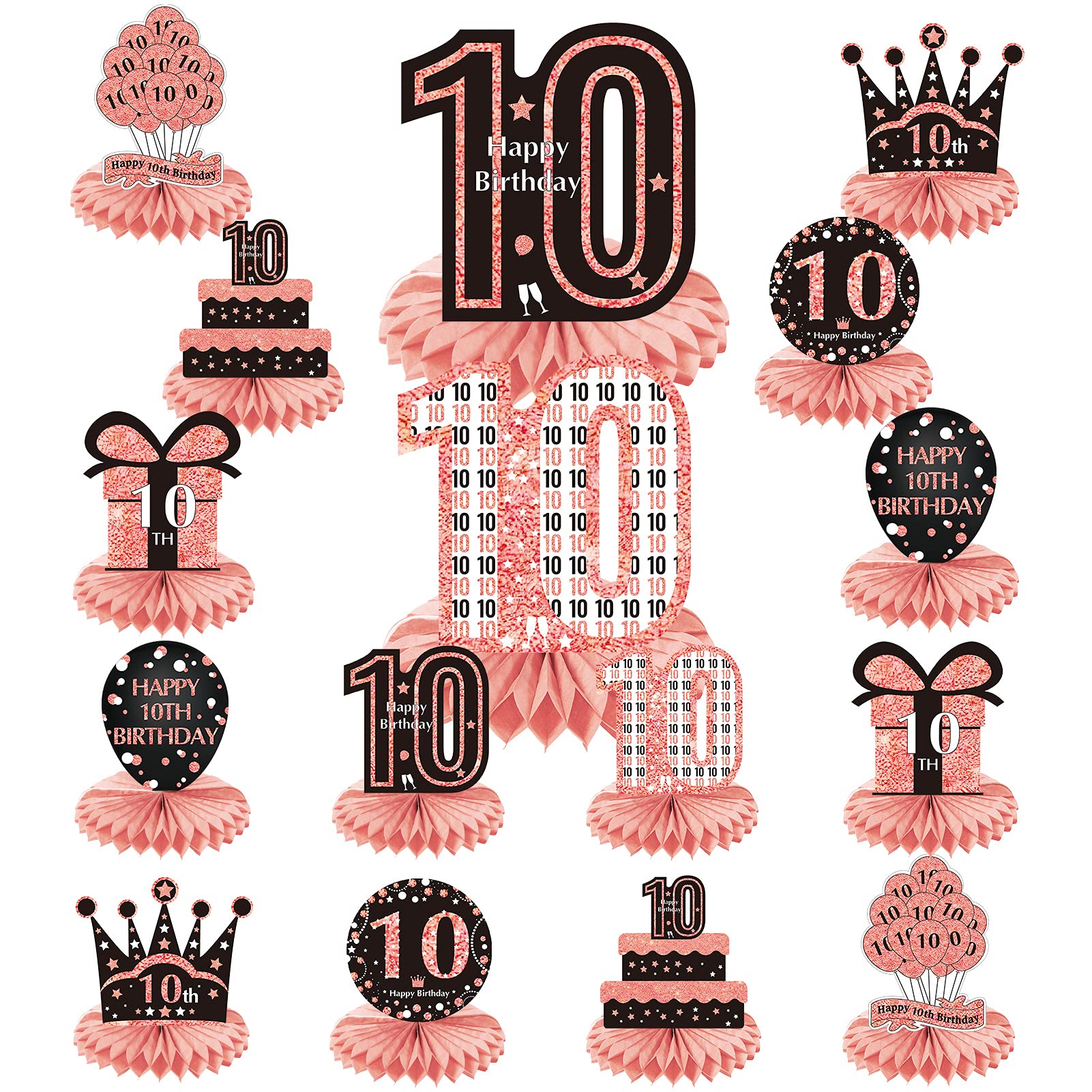 16-Piece Rose Gold 10th Birthday Table Decorations Set - Honeycomb Centerpieces for Girls, Happy 10 Year Old Party Supplies, Bday Table Decor Sign - Perfect for Birthday Celebrations, Photo Backdrops & Party Decorations