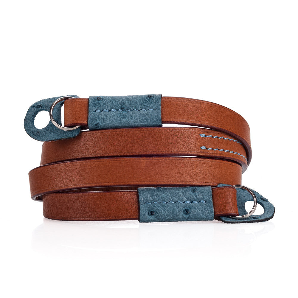 Premium Arte di Mano Comfortable 95cm Leather Neck Strap - Novonappa Tan with Ostrich Sky Blue Accents | Camera Strap for DSLR, Mirrorless & Film Cameras | Perfect for Travel, Photography & Everyday Use