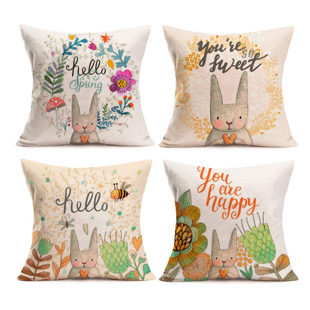 Smilyard Hello Spring Throw Pillow Covers - Set of 4 Floral Rabbit Design 18x18 Inch Cotton Linen Decorative Cushion Covers for Sofa, Bedroom, Living Room Spring Home Decor