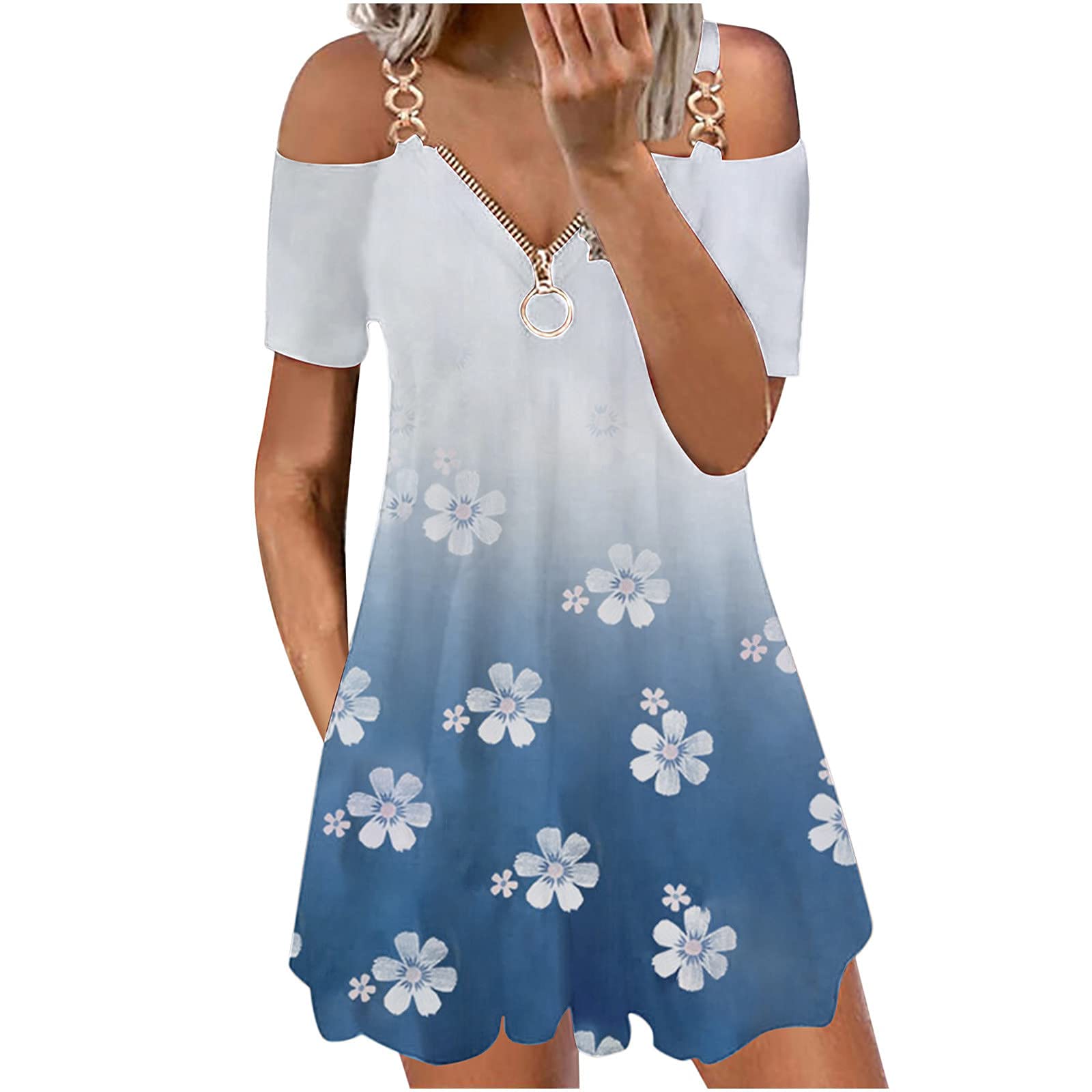 Women's Printed Zipper Casual Short Sleeve Off-The-Shoulder Wrap Dress - Perfect for Summer Outings, Beach Vacations & Date Nights