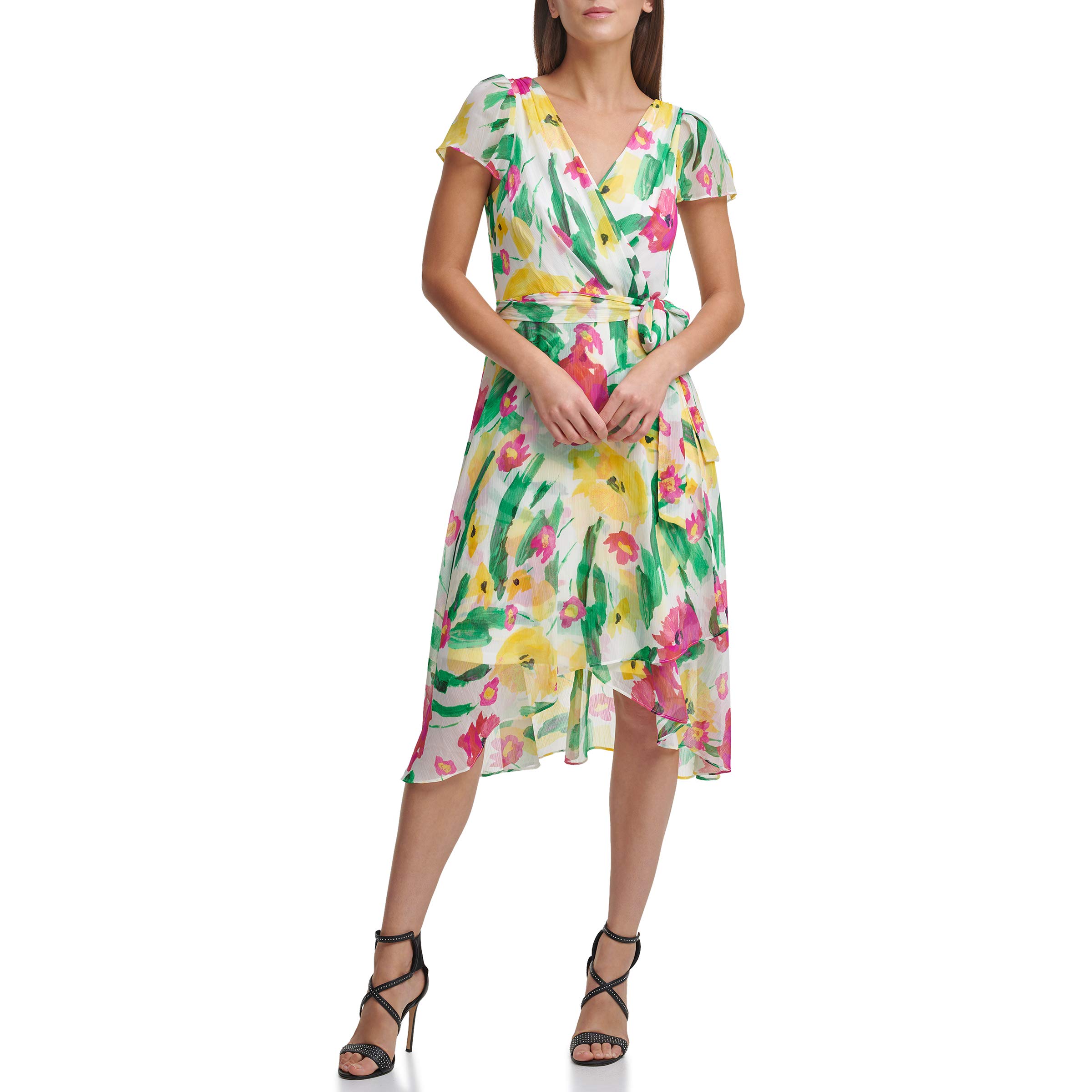 DKNY Women's Short Sleeve Asymmetrical Faux Wrap Dress - Elegant Casual & Office Wear for Women | Summer Flowy Dress for Parties, Dates & Work