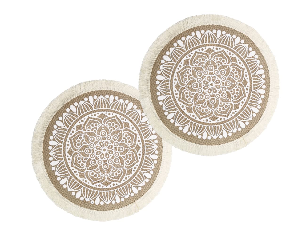 Set of 2 Bohemian Round Burlap Woven Placemats with Fringe - 15 Inch Mandala Table Mats, Washable & Heat Resistant for Dining Room & Kitchen Decor - Perfect for Farmhouse, Rustic, or Boho Chic Home Style