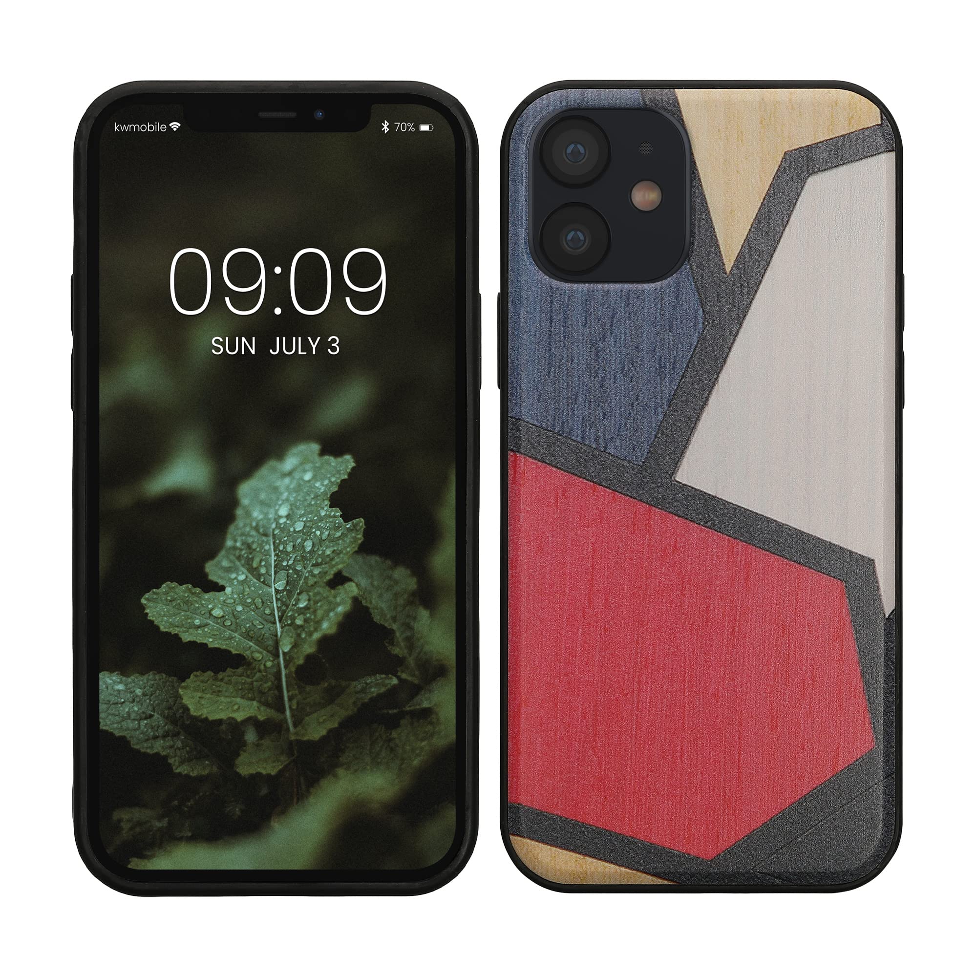 kwmobile Wood Phone Case Compatible with Apple iPhone 12 & iPhone 12 Pro - Premium Wooden Cover with Abstract Design in Red/White/Dark Blue - Perfect for Everyday Use, Travel & Office Protection