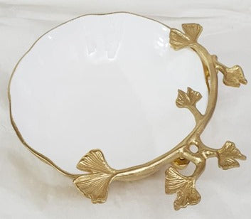 13.25x11x3.5 Inch Round Gold and White Leaf Decorative Bowl - Perfect for Centerpieces, Table Decor, and Home Décor