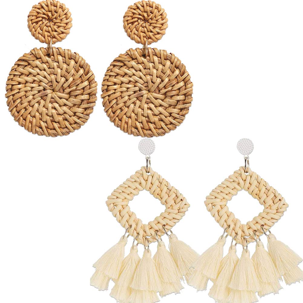 **Ronglry Handmade Rattan Earrings for Women - Boho Woven Straw Hoop Drop Dangle Earrings - Summer Beach Jewelry Gifts for Girls (Perfect for Vacations, Weddings & Boho Fashion)**