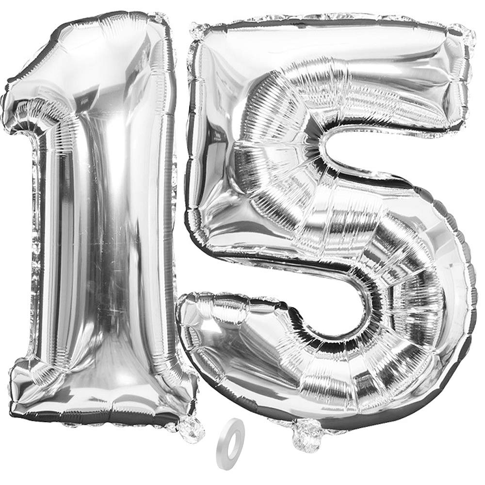 40 Inch Silver Number Mylar Balloons - Large Foil Birthday Party Decorations (Set of 15) for Anniversary, Graduation, Baby Shower & Wedding Celebrations