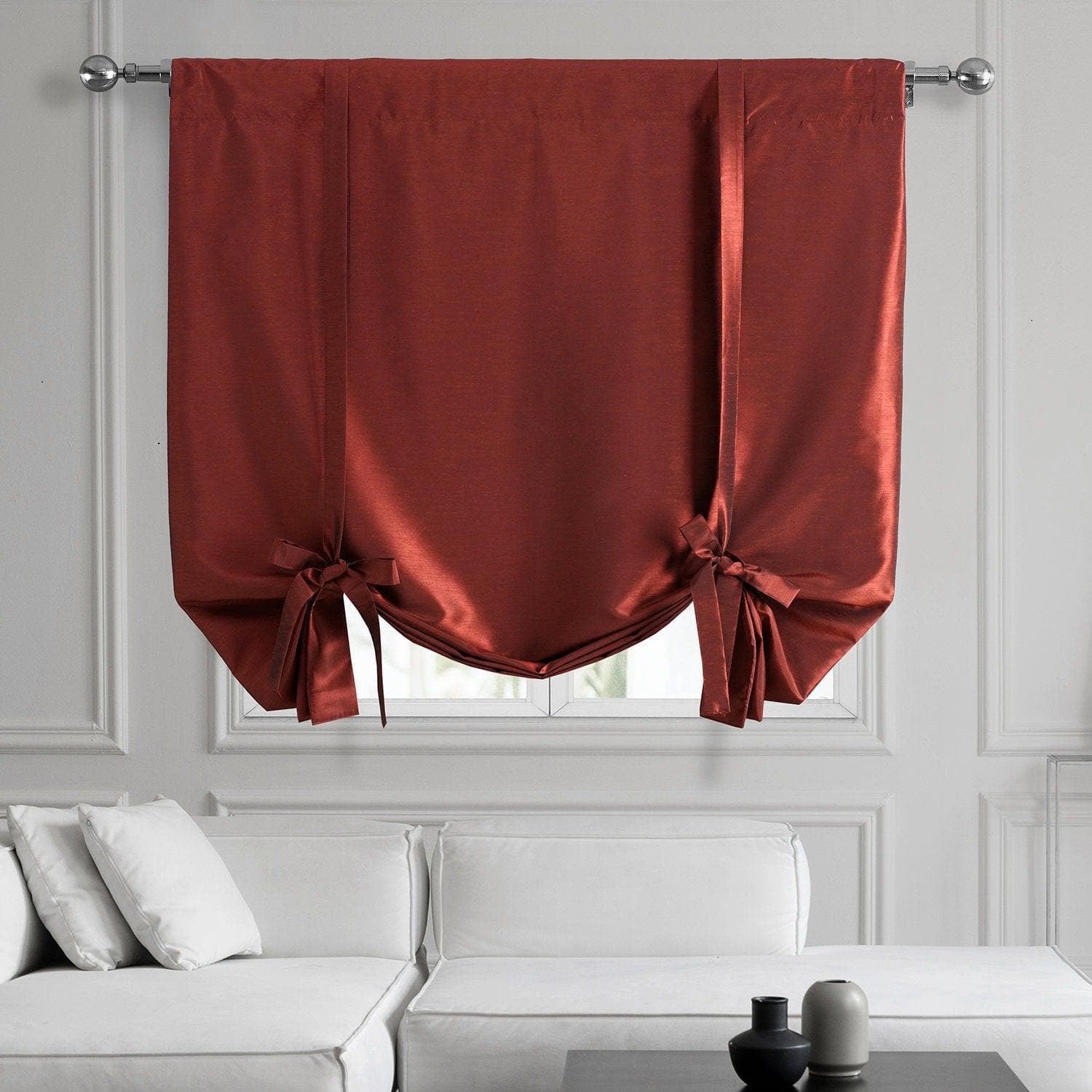 Vintage Ruby Textured Faux Dupioni Silk Blackout Tie-Up Window Shade - Elegant Room Darkening Window Treatment for Bedroom & Living Room