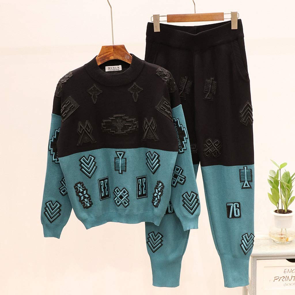 PDGJG Women's Knit Tracksuit Set - Long Sleeve Embroidered Top & Pants, Autumn Winter Two Piece Outfit (Size X-Large) | Casual Loungewear, Workout Clothes, Streetwear Fashion