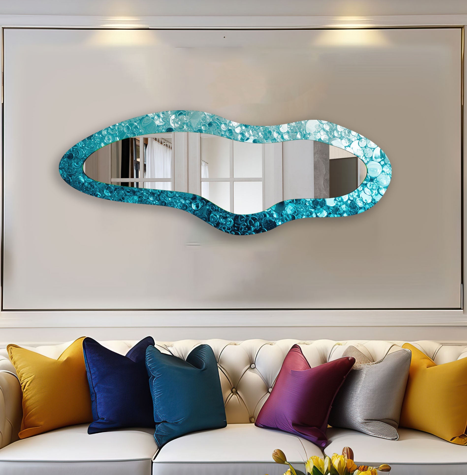 Blue Irregular Shaped Glass Wall Mirror - Unique Decorative Mirror for Living Room, Bedroom & Bathroom - Modern Home Decor