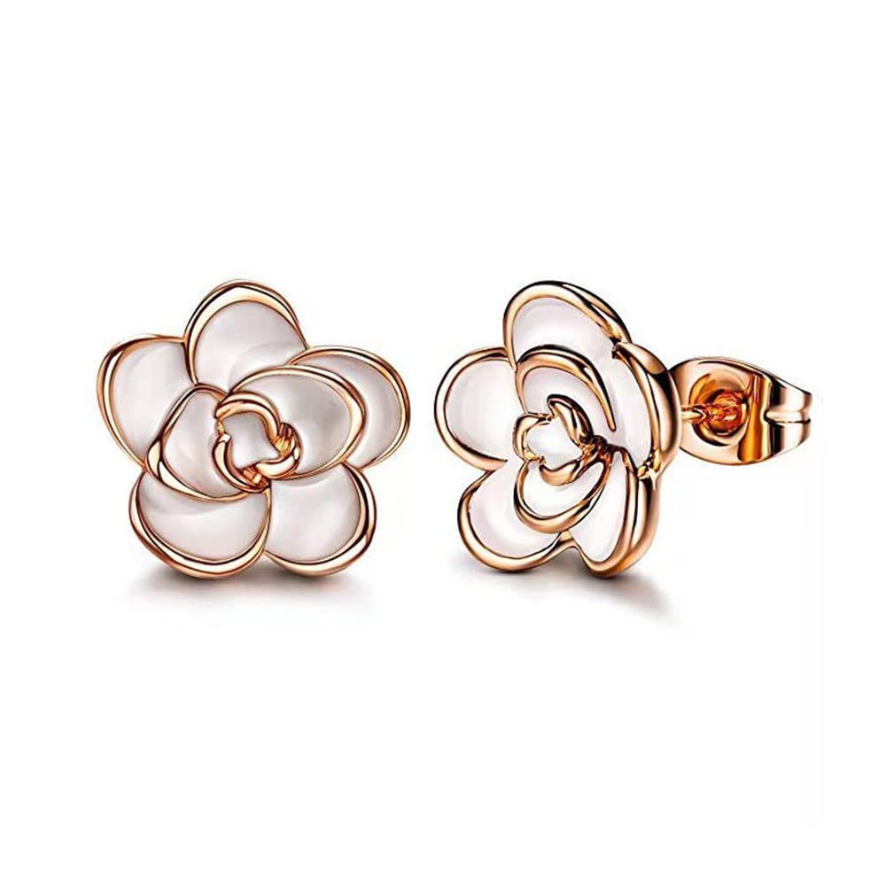 Classic Camellia Rose Flower Necklace & Rose Gold Stud Earrings Set - Dainty Floral Jewelry for Women & Girls - Elegant Gold Necklace & Earrings Gift Set for Birthday, Anniversary & Valentine's Day