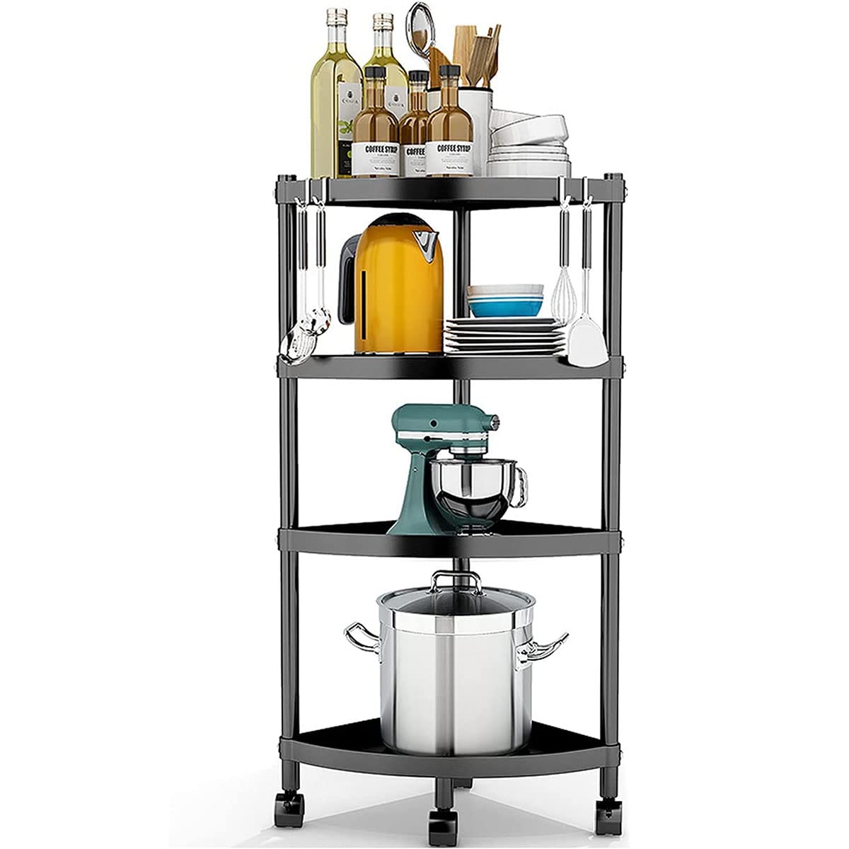 LUFISH 4-Tier Stainless Steel Corner Shelf with Wheels - Free Standing Triangle Storage Rack for Kitchen, Bathroom, Office - Black | Space-Saving Organizer for Small Spaces, Spice Rack, Bathroom Essentials & Kitchen Supplies