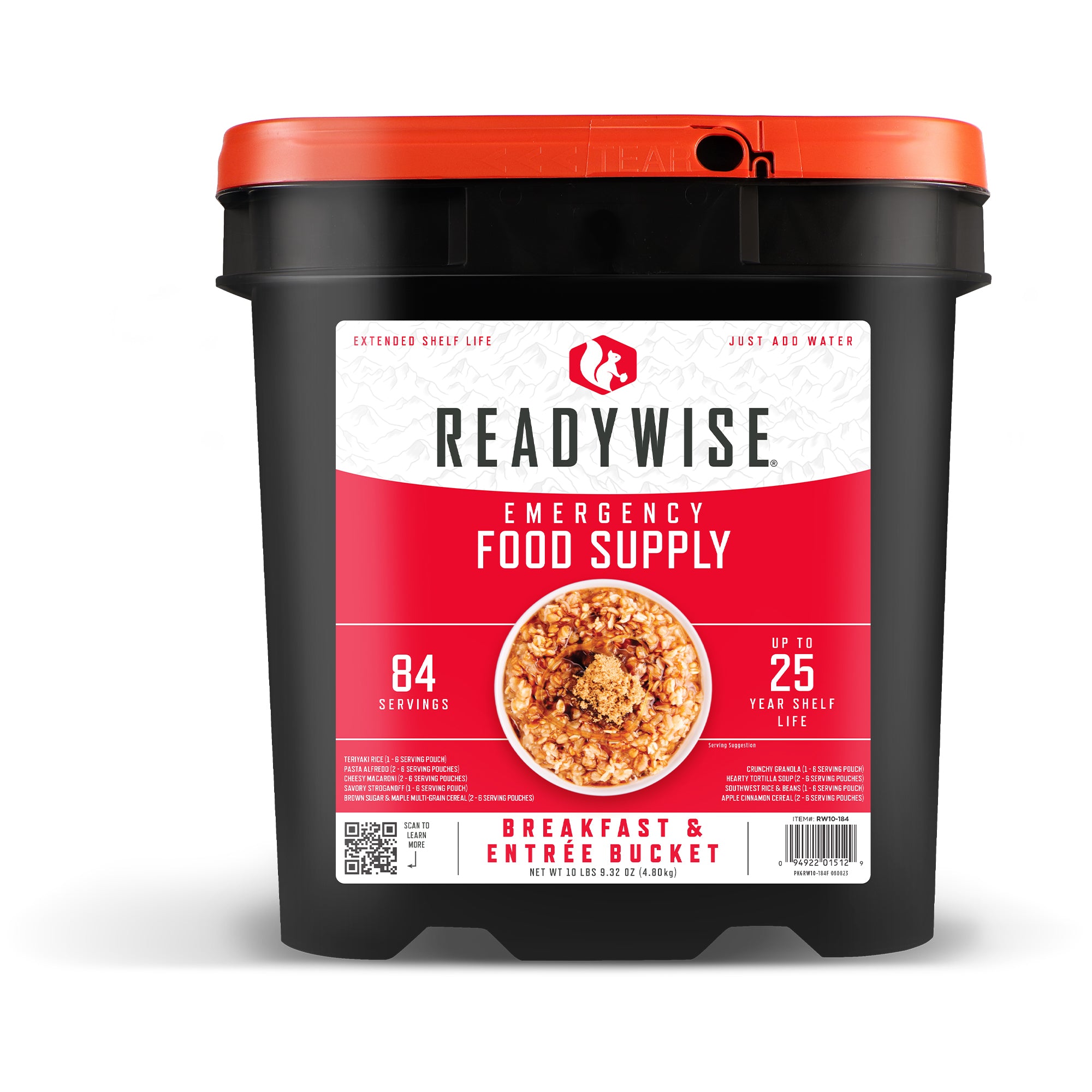 ReadyWise 84-Serving Emergency Food Bucket - Breakfast & Entree Meals | Long Shelf Life, Grab & Go Survival Food for Camping, Hiking & Disaster Preparedness