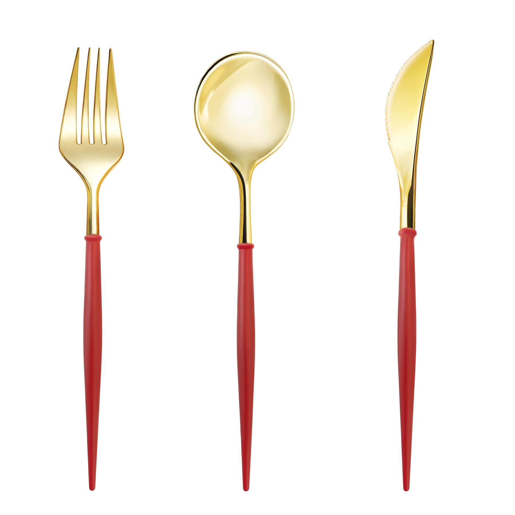 Premium 150-Piece Gold Plastic Cutlery Set - Heavy Duty Disposable Silverware with Burgundy Handle (50 Spoons, 50 Forks, 50 Knives) for Wedding Receptions, Birthday Parties, Catering Events & Elegant Dinner Gatherings