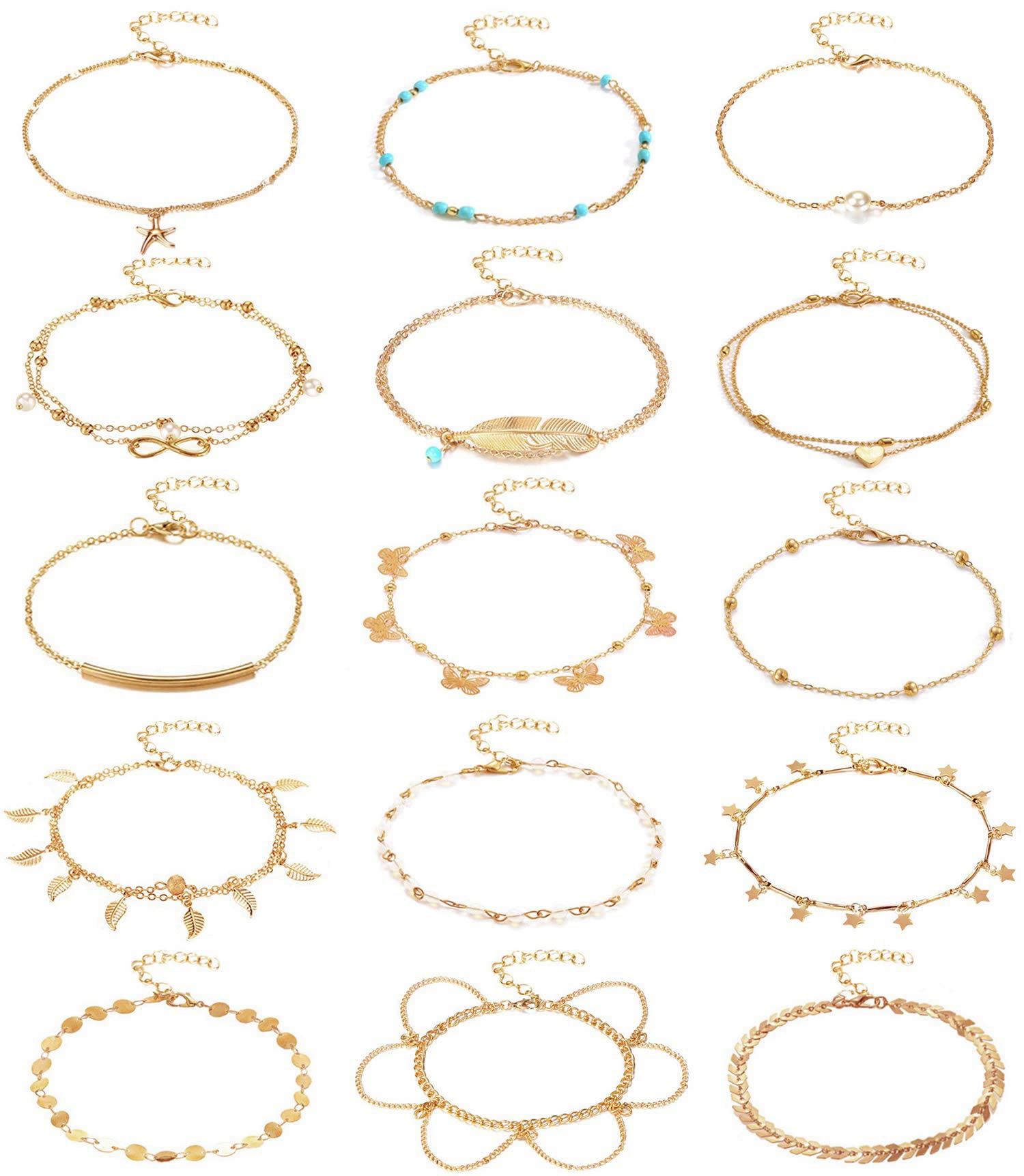 15Pcs Women's Ankle Bracelets Set - 14K Gold & Silver Adjustable Layered Chain Anklets for Beach, Summer & Everyday Foot Jewelry | Perfect for Vacation, Boho Style & Casual Wear