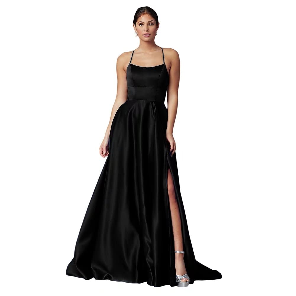Plumlulu Women's Elegant Backless Spaghetti Strap Satin Prom Dress - Long Formal Evening Gown for Homecoming, Wedding, and Special Occasions 2022