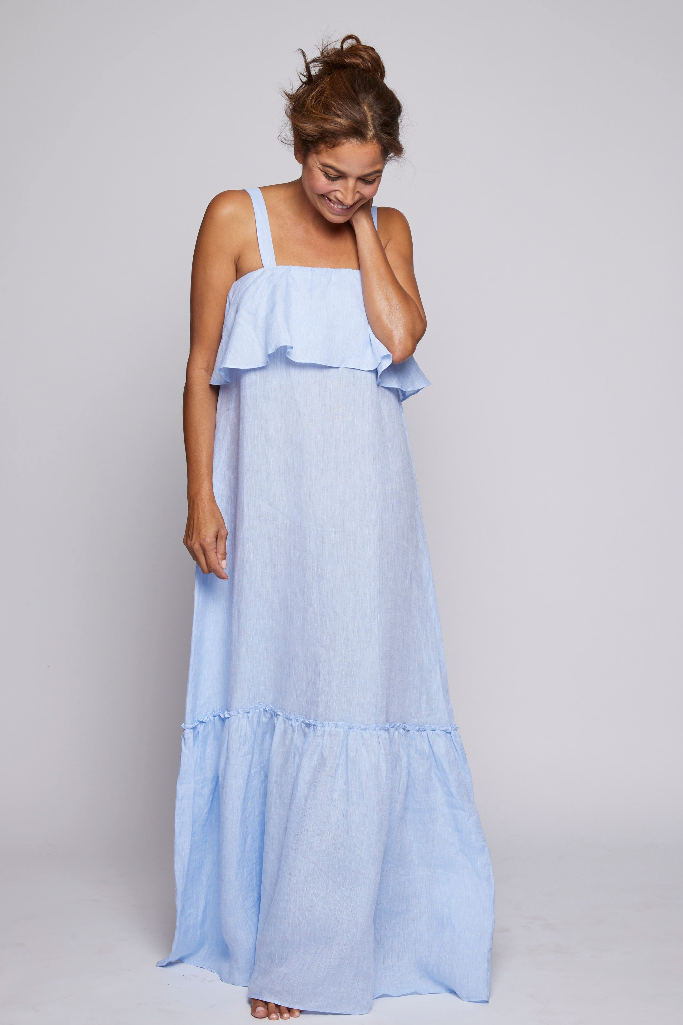 Double Ruffle Linen Dress for Women - Light Blue Summer Dress | Casual Boho Beach Dress, Maternity-Friendly Loose Fit Dress for Vacation, Date Night & Outdoor Events