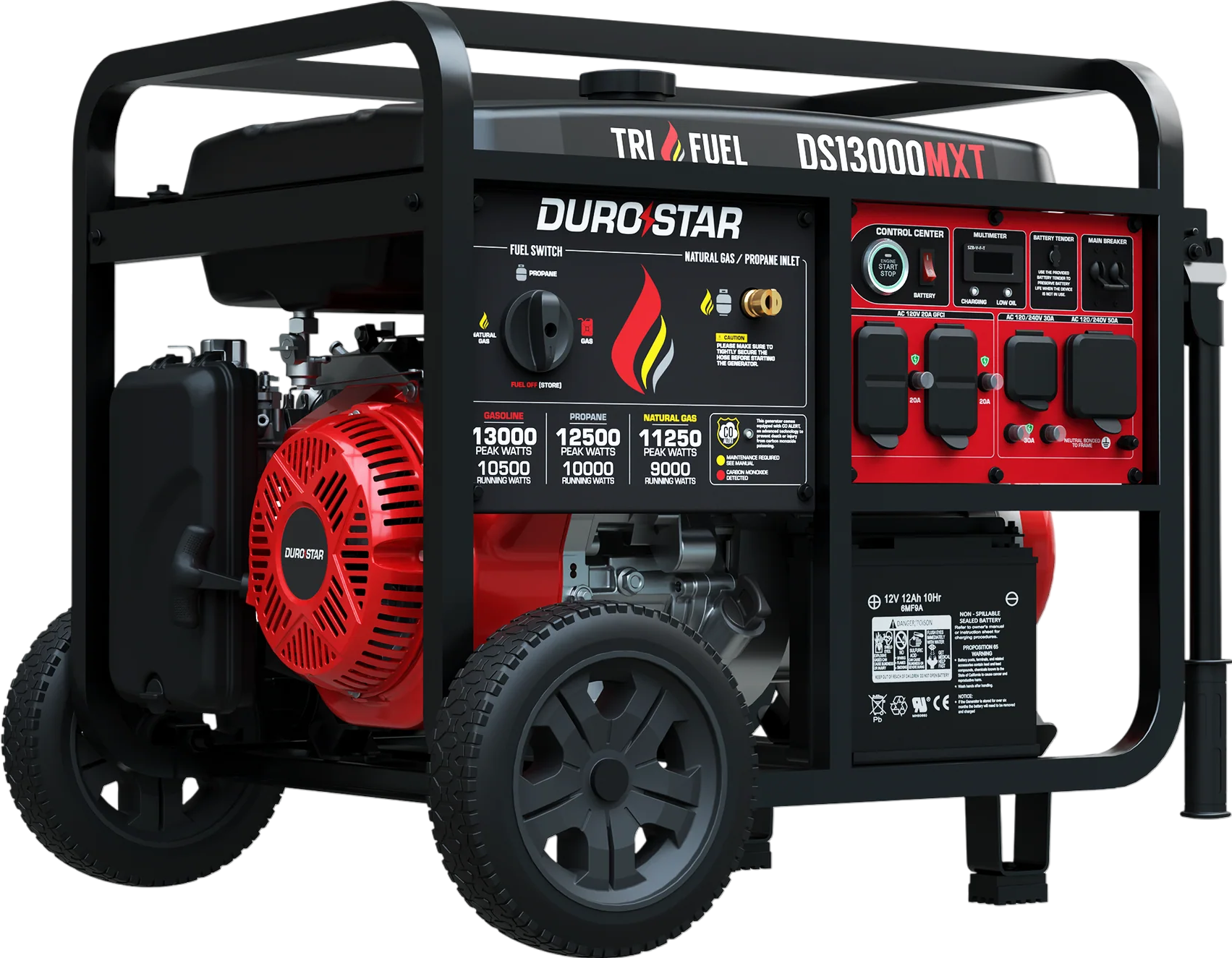 DuroStar DS13000MXT 10500W/13000W Portable Generator - Tri Fuel (Gas/Propane/Natural Gas) with 50 Amp Output, CO Alert & Remote Start - Ideal for Home Backup Power, Camping & Emergency Use