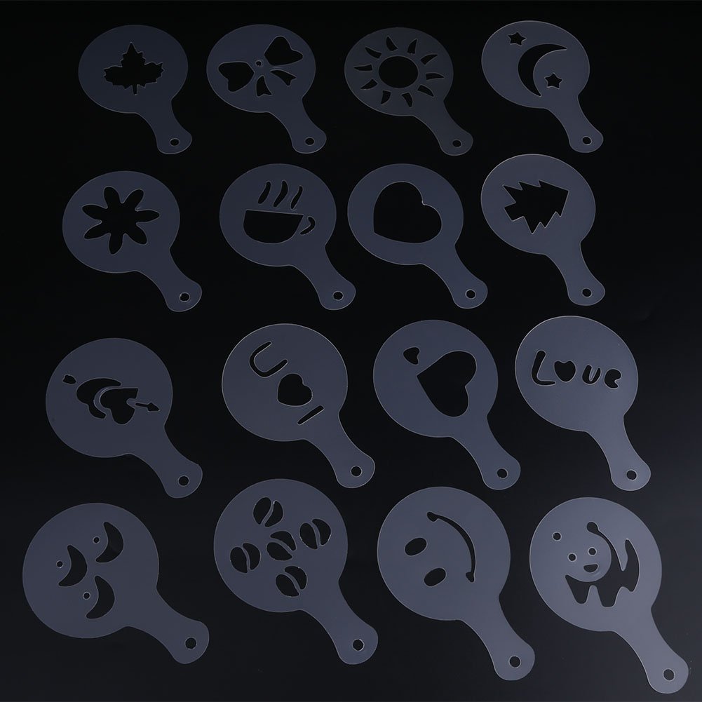 16Pcs Small Cappuccino Stencils with Hook - Reusable Plastic Coffee Art Templates for Latte & Espresso - Perfect Gift for Coffee Lovers & Baristas - Home Cafe & Coffee Shop Decor