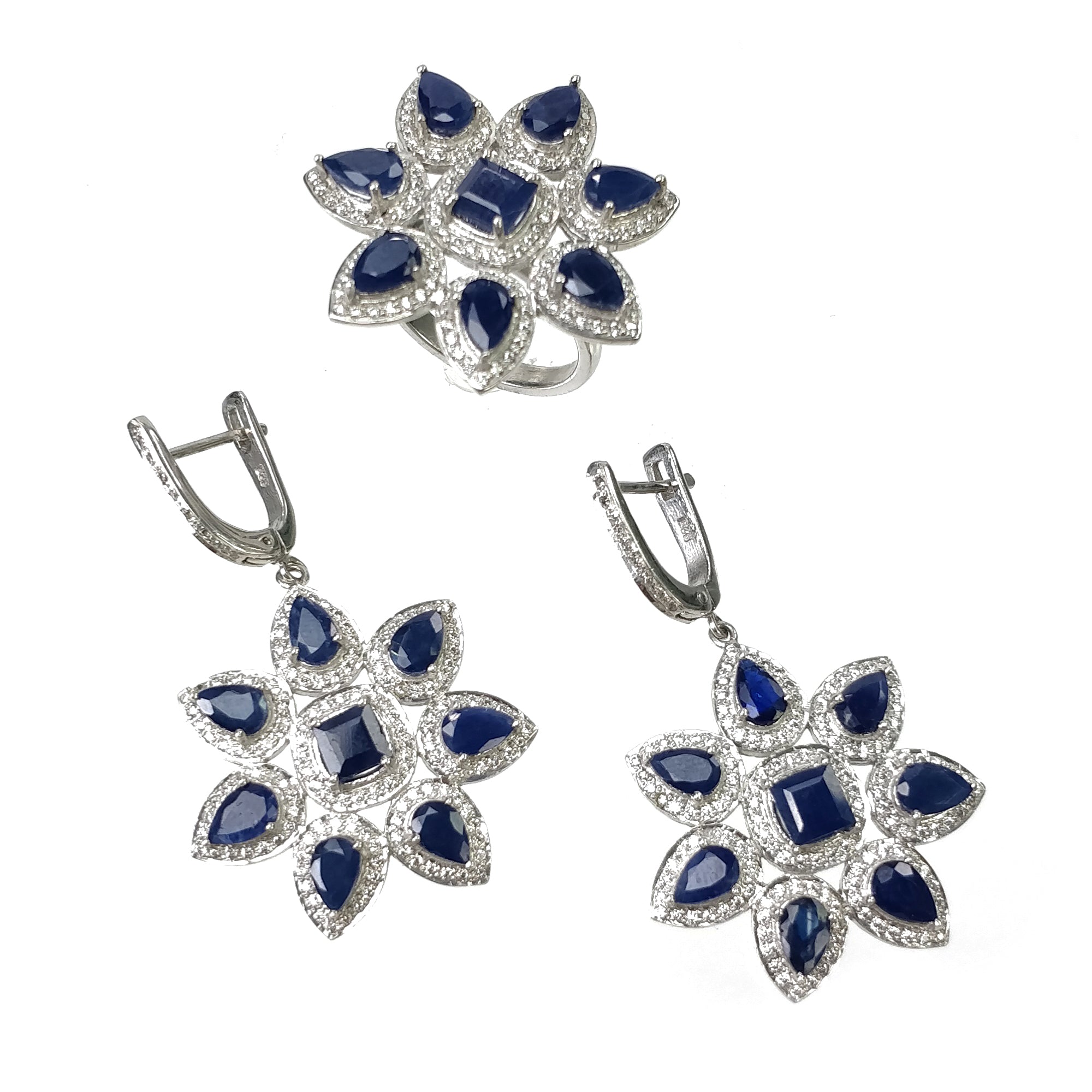 925 Sterling Silver Jewelry Set - Natural Blue Sapphire & Cubic Zirconia Flower Bridal Ring & Earrings for Wedding, Anniversary, Engagement | Perfect Gift for Her