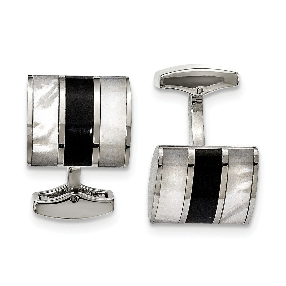 Premium Stainless Steel Polished Black Cufflinks with Semi-Precious Stones & Mother of Pearl - Perfect for Weddings, Business Meetings & Formal Events
