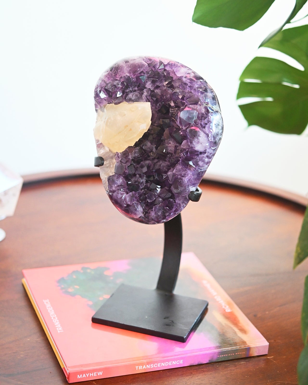 Natural Amethyst with Calcite Geode on Wooden Stand - 8.8 lbs Healing Crystal for Home Decor, Meditation & Spiritual Gifts | Perfect for Living Room, Office & Yoga Space