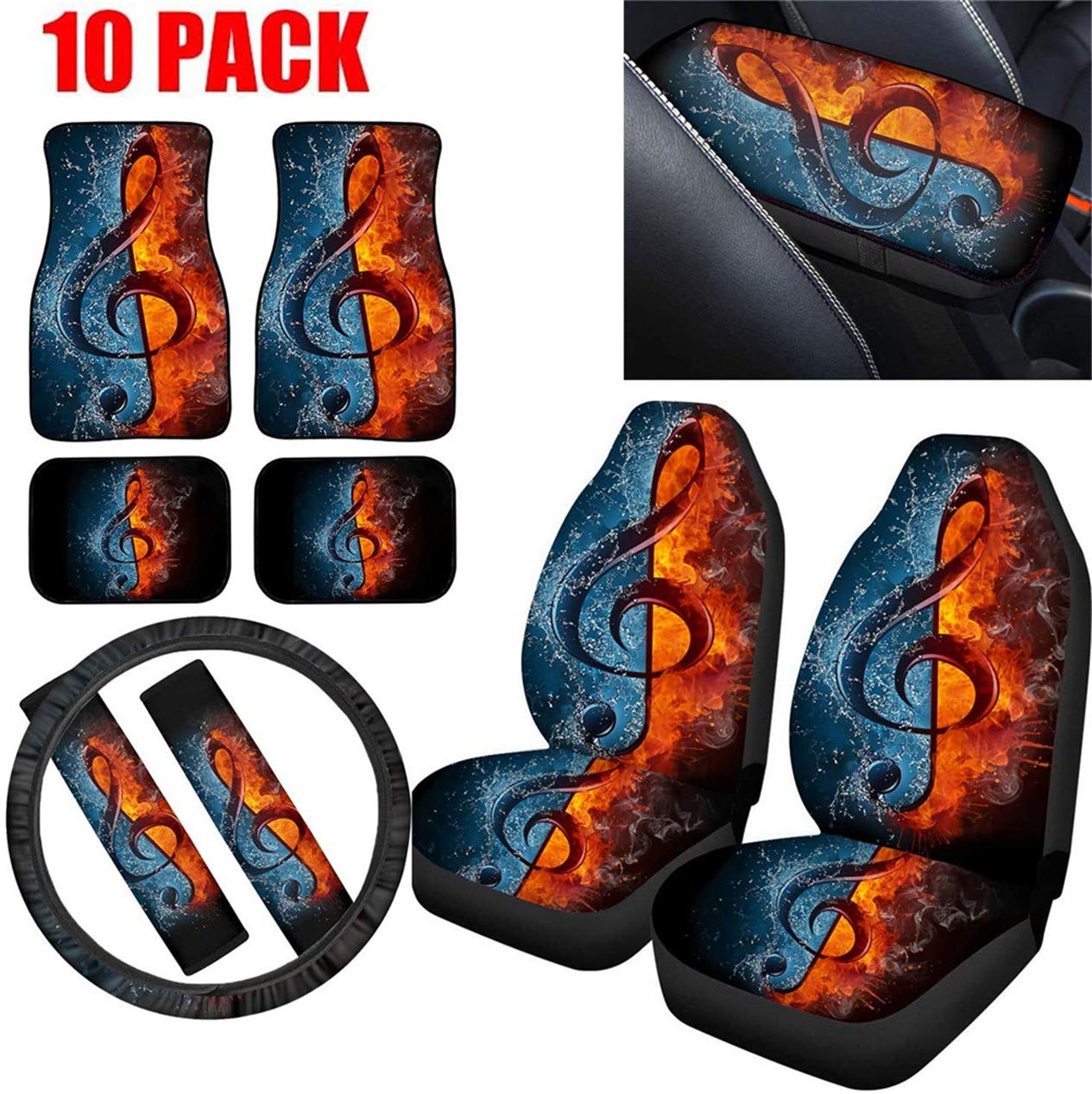 **Universal 10-Piece Car Interior Accessories Set - Flame Music Note Seat Covers, Rubber Car Mats, Arm Rest Cover, Steering Wheel Cover & Seat Belt Cushion | Perfect for Sedans, SUVs & Trucks**