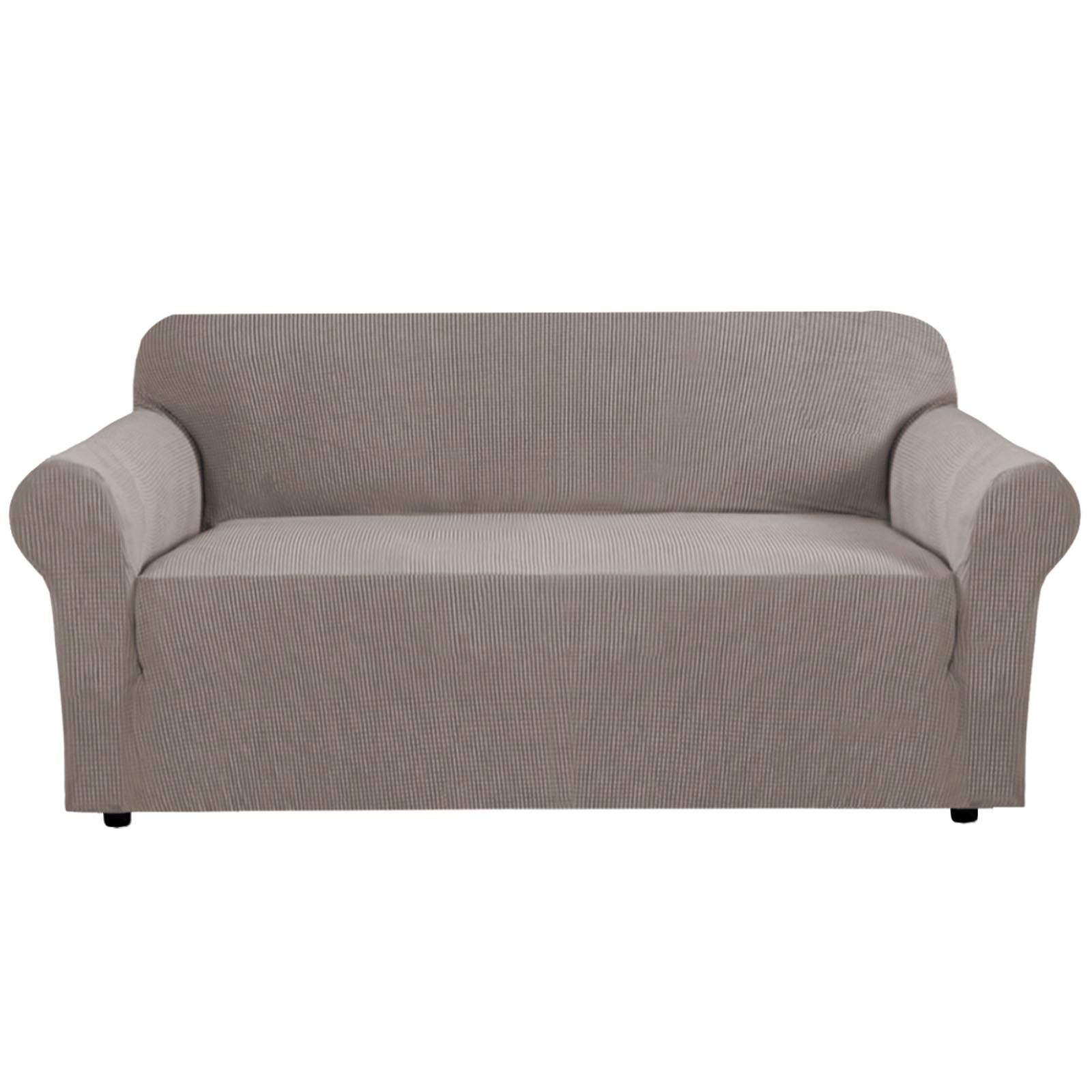 Stretch Sofa Slipcover 1-Piece Elastic Couch Cover - Spandex Jacquard Fabric with Small Checks - Furniture Protector for 4-Seater Sofa (Taupe) - Perfect for Living Room, Family Room & Home Decor Protection