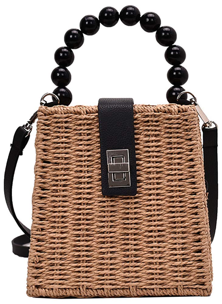 Stylish QZUnique Straw Bucket Bags for Women - Woven Top Handle Drawstring Shoulder Handbag with Bamboo Handle | Perfect for Summer, Beach, Vacation & Boho Fashion Outfits