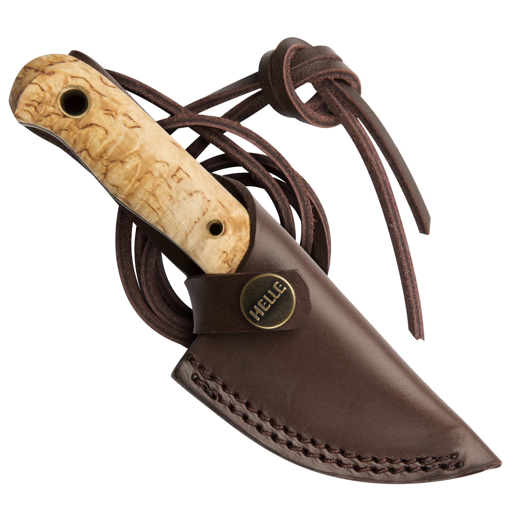 Helle Mandra Les Stroud Bushcraft Knife - Full Tang Fixed Blade with Curly Birch Wood Handle - Scandi Grind Hunting & Camping Knife - Triple Laminated Stainless Steel with Leather Sheath - Perfect for Outdoor Survival, Backpacking and Wilderness Adventures